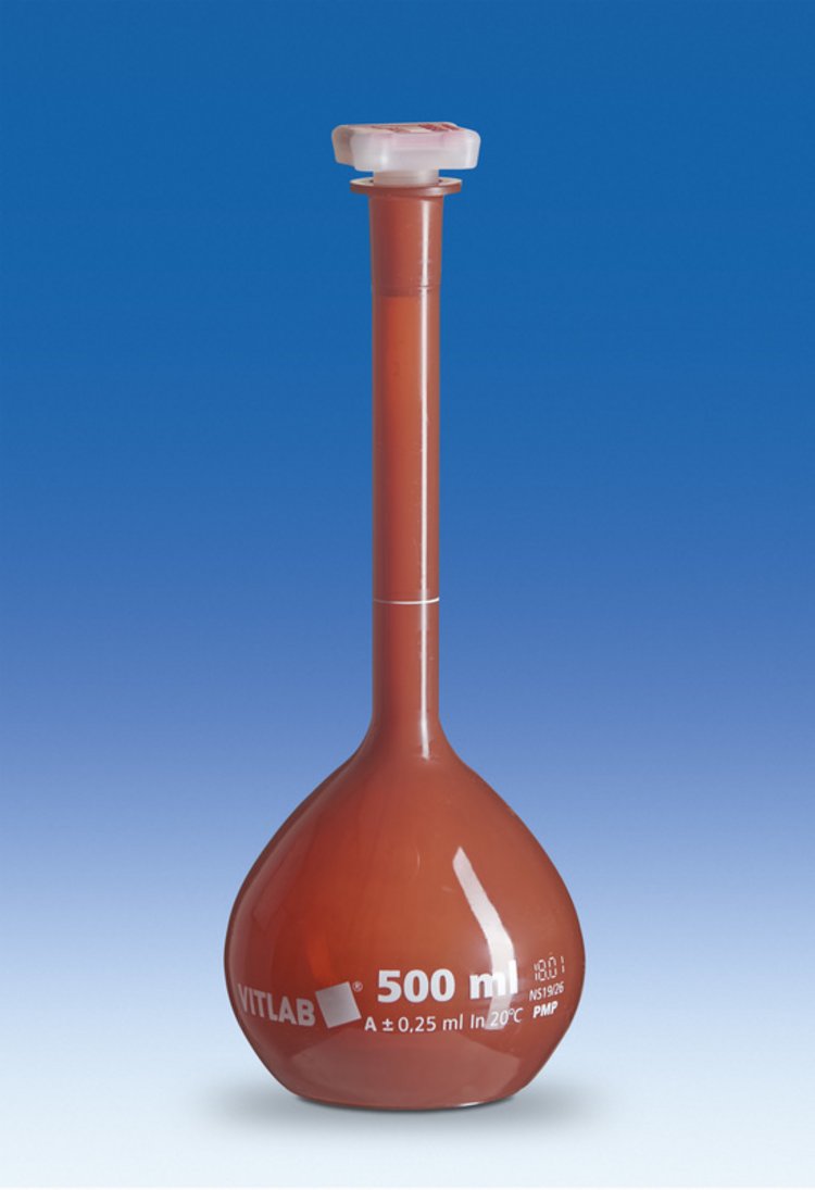 Messkolben VITLAB® UV-protect, PMP, Klasse A, mit NS-Stopfen, PP